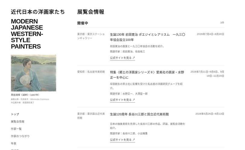 近代日本の洋画家たちWebサイトの画面
